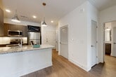 This single-floor residence offers a clean, contemporary design highlighted by consistent wood-look plank flooring and crisp white walls throughout. The open-concept kitchen serves as a central feature, equipped with gray shaker-style cabinetry, granite countertops, a stainless steel undermount sink, and a full suite of stainless steel appliances including a refrigerator, range, over-the-range microwave, and dishwasher. A peninsula with pendant lighting overhead provides additional workspace and casual dining potential. A decorative diagonal wine rack adds a stylish accent above the upper cabinetry. The kitchen flows naturally into the living area, which benefits from natural light through windows and a ceiling fan. A dedicated laundry area with stacked units is conveniently tucked off the main corridor. The bathroom features a dark-toned vanity with a granite countertop, a well-lit mirror, and a soaking tub with a marble-style surround tile. Recessed lighting and louvered closet doors appear throughout, contributing to the home's polished, functional aesthetic. The overall ambiance is bright, modern, and move-in ready.