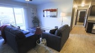This single-floor space features a living area designed for comfortable everyday use. The room is finished with wood-style flooring that adds warmth to the neutral, light gray walls. Two dark upholstered sofas anchor the seating arrangement, complemented by a tufted ottoman that doubles as a coffee table and a small decorative side table. A floor lamp and table lamp provide layered lighting options throughout the space. A window along one wall allows natural light to fill the room, while a wall-mounted air conditioning unit offers climate control. Baseboard heating runs along the exterior wall, providing an additional heat source. A bold artwork depicting trees in red and white tones adds a focal point above the baseboard. A tall indoor plant in the corner introduces a natural element to the space. A ceiling fan overhead contributes to air circulation. The overall ambiance is casual and functional, with a straightforward layout that maximizes the usable area of the room and creates an approachable, lived-in feel.