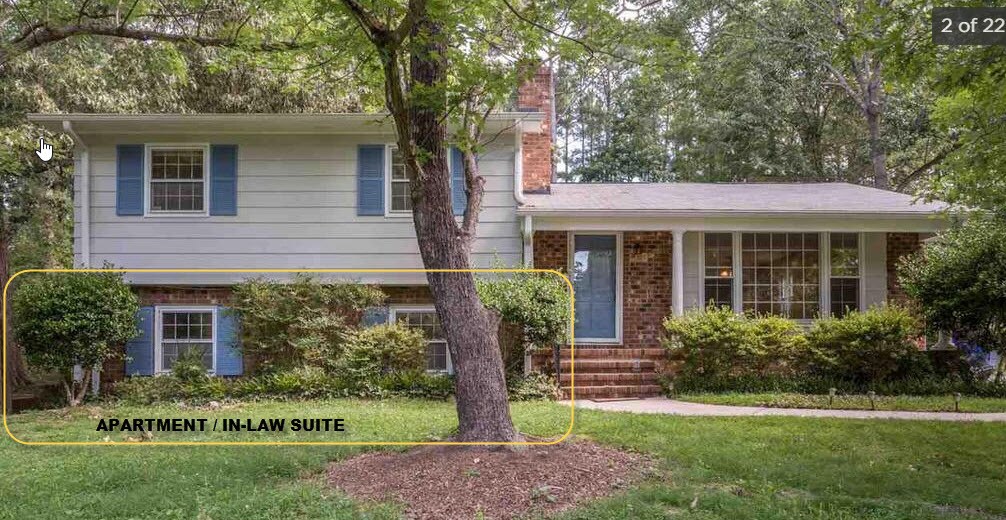 Front of house with In law suite in lower left corner. There is a path on the left side of the house leading to the gate and patio with private side entrance. - 1547 Fountain Ridge Rd