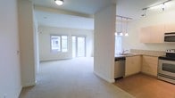 This single-floor residential unit offers a clean, open-concept layout that seamlessly connects the living area and kitchen. The generously sized living space is finished with soft wall-to-wall carpeting and bathed in natural light from large windows and a sliding glass door that leads to a private balcony, providing views of the surrounding neighborhood. The neutral, light-toned walls and white baseboards throughout contribute to a bright and airy ambiance.

The kitchen is partially separated by a structural column, creating a natural division while maintaining visual openness. It features hardwood flooring, granite or stone countertops, a stainless steel sink, and a stainless steel dishwasher, complemented by white cabinetry for ample storage. Overhead, a modern pendant light fixture with multiple hanging lights adds a stylish touch above the kitchen workspace, while a track lighting system on the ceiling provides additional illumination.

Overall, the space presents a contemporary and functional design, ideal for comfortable everyday living. The combination of natural light, modern finishes, and an efficient open floor plan creates a welcoming and practical environment throughout.