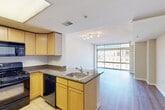Located at 1215 E West Highway in Silver Spring, MD, this well-appointed unit offers a thoughtfully organized single-floor layout. The open-concept kitchen and living area serves as the heart of the space, where the kitchen features light maple cabinetry, granite-style countertops, a peninsula with a sink, and black appliances including a gas range with over-the-range microwave and a full-size refrigerator. Tile flooring grounds the kitchen, while hardwood-style flooring extends throughout the living area and hallway, adding warmth and continuity.

The living area is bathed in natural light through expansive floor-to-ceiling windows that frame views of the surrounding Silver Spring urban landscape, creating an open and airy ambiance. A textured ceiling adds architectural character throughout the main living space.

A wide hallway connects the living area to the rest of the unit, lined with multiple closets — five in total — providing exceptional storage capacity. The bathroom is clean and functional, featuring a tiled tub-shower combination, a vanity with a large mirror, and tile flooring. The overall design is neutral and versatile, making it well-suited for a range of living arrangements.