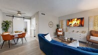 Located at 1330 W Broadway Rd in Tempe, Arizona, this thoughtfully designed one-bedroom, one-bathroom unit offers a efficient and cohesive single-floor layout. Light wood-look flooring and neutral gray walls flow throughout, creating a consistent and clean aesthetic across every room.

The living room serves as the heart of the unit, offering a comfortable, open feel with a textured ceiling, wall-mounted TV space, and a window with access to a balcony that brings in natural light. A stylish barn door connects the living area to the rest of the unit, adding a modern architectural touch.

Adjacent to the living room, the dining area accommodates a round table and provides a defined space for meals. The galley-style kitchen features white shaker cabinetry, quartz countertops, a white subway tile backsplash, and stainless steel appliances including a refrigerator, range, microwave, and dishwasher.

The primary bedroom is a well-proportioned retreat with a window, textured ceiling, and dual open closets with built-in shelving, offering generous storage. The bathroom includes a white vanity with quartz countertop, mirrored medicine cabinet, and a shower-tub combination, all finished in a bright, clean palette.