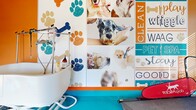 This single-floor pet grooming studio in Midlothian, Virginia, is designed with both functionality and visual energy in mind. The space makes an immediate impression through its bold color palette, featuring vivid orange accent walls and trim paired with bright teal epoxy flooring that is both durable and easy to clean — an ideal combination for a pet care environment.

The walls throughout the studio are adorned with large-format photo murals showcasing dogs being groomed, alongside playful paw print and bone graphics in coordinating teal, orange, and navy tones. A motivational word-wall graphic featuring pet-care themed phrases adds personality and reinforces the studio's welcoming brand identity.

The grooming area is equipped with a raised bathing tub with an integrated ramp for easy pet access, multiple grooming arm stations, and a dedicated grooming table. A separate area accommodates a treadmill, suggesting fitness or rehabilitation services. Natural light enters through several windows fitted with white horizontal blinds, brightening the interior and providing views of the surrounding outdoor landscape.

Practical elements include a mini-split HVAC unit for climate control, built-in storage for grooming supplies, and easy-access cleaning tools. The overall ambiance is lively, hygienic, and purpose-built for professional pet grooming services.