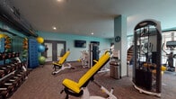 This fitness center offers a comprehensive workout environment designed to accommodate a variety of exercise routines. The space is finished with teal-painted walls and patterned carpet flooring, creating a vibrant and energetic atmosphere throughout. Recessed lighting illuminates the entire floor, complemented by an abundance of natural light streaming in through large floor-to-ceiling windows that provide views of the surrounding exterior courtyard area.

The cardio zone is positioned along the window-facing wall and features treadmills, elliptical machines, and a stair climber, allowing users to exercise with an outdoor view. The strength training area is well-appointed with multiple selectorized cable and weight machines, including Matrix and Latitude branded equipment, as well as adjustable yellow benches suited for a range of exercises. A dedicated functional training zone includes a cable crossover station and plyo boxes for dynamic workouts.

Along one wall, a mirrored section reflects the space and enhances the sense of openness, while a rack of dumbbells and an assortment of medicine and stability balls in various sizes provide options for free-weight and core training. Wall-mounted flat-screen televisions add entertainment for users during their workouts. The facility also includes clearly marked entry and exit doors, ensuring easy accessibility throughout.