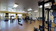 This fitness center offers a spacious, single-floor layout designed to accommodate a full range of workout routines. The room features hardwood-style flooring throughout, providing a clean and durable surface suited for various types of exercise. Overhead, a series of recessed fluorescent panel lights ensure the space is consistently and evenly illuminated, creating a bright and focused workout atmosphere.

The strength training area is well-appointed with a cable machine, multiple weight benches, a rack of dumbbells, and a multi-station cable system, offering options for both isolation and compound exercises. On the opposite end of the room, cardio equipment including treadmills and additional machines line the wall beneath large windows that allow natural light to fill the space and provide views to the outdoors.

The walls are painted in a warm neutral tone, contributing to an inviting ambiance. A wall-mounted mirror near the strength equipment aids in proper form during workouts, while framed artwork adds a touch of character to the space. A mounted television is also present, offering entertainment during cardio sessions. The overall layout is open and well-organized, allowing for comfortable movement between equipment stations.
