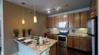 This 1-bedroom, 1-bathroom residence is thoughtfully designed to maximize comfort and functionality across a single floor. The kitchen serves as a standout feature, showcasing warm honey-toned cabinetry, granite countertops with rich veining, and a decorative tile backsplash that adds visual texture. Stainless steel appliances, including a range and over-the-range microwave, provide a sleek, modern finish. A peninsula with an extended countertop offers additional prep space and casual seating, making it ideal for both cooking and entertaining. Pendant lighting above the peninsula complements the track lighting overhead, creating a layered and well-lit atmosphere. Dark hardwood flooring grounds the space with warmth and contrast. The open layout between the kitchen and living areas promotes a connected, airy feel throughout the home. The overall design blends practical storage solutions with contemporary aesthetics, resulting in a polished and inviting interior that makes efficient use of every square foot.