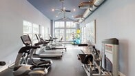 This fitness center is designed to accommodate a full range of workout needs within a single, open-plan space. The architecture is immediately distinguished by soaring vaulted ceilings painted a deep navy blue, from which ceiling fans and exposed metallic ductwork extend, lending an industrial-modern aesthetic. The light blue walls complement the dark rubber flooring, creating a clean and energizing environment.

The cardio zone is well-appointed with a row of TRUE-brand treadmills, ellipticals, and stationary bikes, including a recumbent cycle positioned near the large picture windows. These expansive windows flood the space with natural light and offer views of the surrounding outdoor area. A wall-mounted flat-screen television is positioned for easy viewing during workouts.

The strength training area features a tiered dumbbell rack with a full range of free weights, supplemented by a wall-length mirror that enhances the sense of space. Cable machines, a multi-function weight station, and various benches round out the resistance equipment offerings.

A dedicated stretching and flexibility corner houses a vertical storage rack stocked with exercise balls and foam rollers in multiple sizes. The fitness center also includes a doorway leading to an adjacent room, providing additional utility to the overall facility.