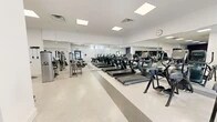 Located at 3 Davenport Avenue in New Rochelle, NY, this fitness center offers a thoughtfully organized single-level layout designed to support a full range of workout routines. The facility is divided into distinct functional zones, each tailored to a specific type of training.

The main cardio area features a row of treadmills and elliptical machines arranged along a wall of large, floor-to-ceiling mirrors that visually expand the space. The terrazzo flooring, accented with neutral striping, lends a clean and professional aesthetic throughout. Recessed panel lighting illuminates the space evenly, while a wall clock keeps members on schedule.

Adjacent to the cardio zone is a dedicated strength training area, distinguished by its vibrant blue rubber flooring and deep plum accent walls. This room is equipped with a multi-station cable machine, a dumbbell rack with a full range of free weights, and wall-mounted resistance training attachments. Mirrors line the walls here as well, allowing for proper form monitoring during lifts.

The entry area provides a welcoming transition into the gym, featuring glass double doors, a wall mirror, and Cybex stationary bikes positioned near the entrance. Stability balls are neatly stored nearby, adding to the facility's versatility.

An accessible restroom completes the layout, finished with large-format marble-look tile, grab bars, and a clean white palette. The gym offers a practical, modern environment suited for focused fitness training.