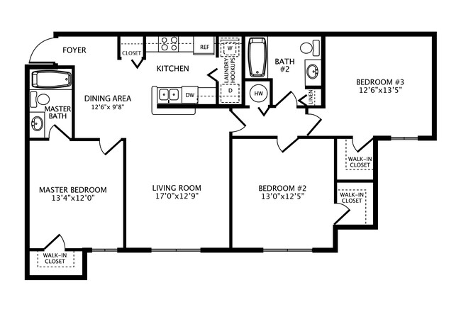 Plano de planta de tres habitaciones en Lake Shore Apartments - Lake Shore Apartments