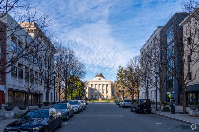 The North Carolina Capitol sits at the end of Fayetteville Street near College Park.