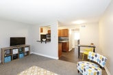 This single-floor residential unit offers a practical and well-organized layout designed for comfortable everyday living. The living room serves as a welcoming entry point, featuring wall-to-wall carpet, neutral gray walls, a textured ceiling, and a large window fitted with horizontal blinds that allow natural light to filter in. The space accommodates a seating area with room for accent décor, creating a relaxed and functional atmosphere.

The kitchen is efficiently designed in a galley-style configuration, featuring warm wood cabinetry, dark countertops with a stainless steel sink, and hardwood-style vinyl flooring. Black appliances — including a refrigerator, gas range, microwave, and dishwasher — provide a cohesive and practical cooking environment.

The primary bedroom is generously sized with carpeted floors, a bright window with blinds, and notable closet storage including an open shelving closet and an additional closed-door closet, offering ample organization options. A second bedroom provides a quiet, carpeted space with clean walls and a simple, functional design.

The bathroom is finished with wood-look vinyl flooring, subway tile accents, and a full tub-shower combination with a decorative curtain, complemented by clean white fixtures throughout. Overall, the unit presents a cohesive, neutral aesthetic with practical finishes suited for daily living.