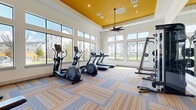 Located at 22000 Bellaire Blvd in Houston, Texas, this single-floor fitness center is thoughtfully designed to support a comprehensive workout experience. The space is defined by its striking tray ceiling finished in a bold golden yellow, anchored by a large ceiling fan that enhances airflow throughout the room. Recessed lighting complements the natural light that pours in through an expansive arrangement of large, black-framed windows lining the walls, offering open views of the surrounding outdoor greenery and community grounds.

The flooring features a dynamic patterned carpet tile in a mix of blue, gray, and amber tones, adding visual warmth to the space. The cardio zone is well-equipped with multiple treadmills and elliptical machines positioned to take advantage of the natural light and outdoor views. On the strength training side, the facility includes a multi-station cable machine, a free-weight rack with a full-length wall mirror, and additional resistance equipment. A large display screen is mounted at one end of the room, adding a multimedia element to the workout environment. The glass entry door and clean, open layout contribute to a bright, welcoming, and functional fitness environment.