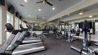 This fitness center is a spacious, single-level facility thoughtfully designed to accommodate a wide range of workout routines. The main exercise area is lined with large windows along one wall, allowing abundant natural light to fill the room and offering views of the surrounding outdoor greenery. Ceiling fans are distributed throughout, complementing the recessed lighting to maintain a comfortable environment during workouts.

The cardio section features a row of treadmills and elliptical machines positioned along the windowed wall, each equipped with individual monitors for entertainment. Mounted flat-screen televisions are installed at an elevated position for easy viewing during exercise. Floor-to-ceiling mirrors span a significant portion of the walls, visually expanding the space and allowing users to monitor their form.

The strength training area includes a multi-station cable machine, a full dumbbell rack with weights of varying sizes, and weight benches for free weight exercises. A dedicated secondary area provides additional equipment, including a stationary cycle, a functional training machine, and stability balls stored on a wall-mounted rack.

The facility features durable rubber flooring throughout, providing cushioning and traction. Crown molding and neutral wall tones contribute to a polished, well-maintained atmosphere. Glass-paned doors connect the interior to the outdoors, enhancing the open, airy feel of the space.