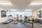 Located at 199 Queen Mary Dr in Oakville, Ontario, this fitness centre is a dedicated exercise facility designed to support a full range of workout routines. The space is contained within a single, open-concept room featuring durable rubber-tile flooring, white walls, and a textured ceiling fitted with bright fluorescent lighting that ensures the area is well-lit throughout.

The cardio section is prominently positioned along the windowed wall, where large windows with vertical blinds allow natural light to filter in and offer views of the surrounding greenery. This area houses an elliptical trainer, upright and recumbent exercise bikes, and a spin bike, along with a flat bench for stretching or supplementary exercises.

On the strength training side, the room is equipped with a multi-functional cable machine, a full rack of dumbbells in graduated weights, and a medicine ball tower holding an assortment of weighted balls. A treadmill is also available for additional cardio options.

Near the entrance, a water fountain and a dedicated entry vestibule provide convenient amenities for users. Motivational fitness artwork decorates the walls, adding an energetic ambiance to the space. The overall layout is practical and efficiently organized, making this fitness centre a functional and accessible facility for residents of the Queen Mary Dr community.