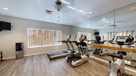 Located at 2074 Midyette Rd in Tallahassee, Florida, this fitness center is a purpose-built workout space designed to maximize functionality within a compact footprint. The room features warm wood-look luxury vinyl plank flooring throughout, providing a clean and durable surface well-suited for exercise activities. A full-length wall mirror spans one side of the room, visually expanding the space and allowing users to monitor their form during workouts. The cardio equipment lineup includes TRUE-brand treadmills, an elliptical trainer, and a stationary bike, offering a well-rounded selection for cardiovascular exercise. A wall-mounted flat-screen television is positioned for viewing during workouts, accompanied by a water dispenser for convenient hydration. Recessed lighting and a ceiling fan provide comfortable illumination and airflow, while vertical blinds on multiple windows allow natural light to be controlled as needed. The space also includes open floor area suitable for stretching or bodyweight exercises, with neutral gray walls contributing to a clean, modern aesthetic. Safety features including a fire extinguisher and illuminated exit signage are present. Cream-colored curtains along one wall add a softer design element. Overall, this fitness center delivers a straightforward, well-maintained environment for residents seeking convenient on-site exercise facilities.