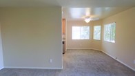 This single-floor space features an open-concept layout that connects the living area to the kitchen, creating a functional and cohesive flow. The living area is finished with wall-to-wall carpeting in a neutral gray tone, complementing the warm beige walls that run throughout. A ceiling fan with a light fixture is centrally positioned overhead, providing both ventilation and ambient lighting.

Two windows along the far wall allow natural light to fill the room, offering views of surrounding greenery and contributing to a bright, welcoming atmosphere. White baseboards provide a clean contrast against the carpeted floor and painted walls.

A partial wall separates the living area from the kitchen, which is visible in the background. The kitchen features warm wood-toned cabinetry and what appears to be stainless steel appliances, adding a practical and polished element to the space. The transition between rooms is straightforward, supporting ease of movement throughout the home.

Overall, the space presents a clean, move-in-ready environment with a simple, functional design characterized by neutral finishes, natural light, and an efficient single-floor layout.