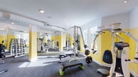 Located at 5710 Hillsborough St in Raleigh, NC, this two-floor fitness center is designed to accommodate a comprehensive range of workout routines. The facility's distinctive aesthetic is defined by bold yellow accent walls paired with crisp white ceilings, creating an energetic and motivating atmosphere throughout both levels.

The lower floor serves as the primary cardio zone, featuring a row of Matrix treadmills, ellipticals, and stair climbers positioned along large windows that allow generous natural light and views of the surrounding streetscape. Hard wood-style flooring runs through this level, and wall-mounted televisions provide entertainment during workouts.

A striking yellow metal staircase with black wire mesh railings connects the two floors, serving as both a functional and architectural focal point. The upper floor is dedicated to strength training and features cable machines, a multi-functional rack with a weight bench, step platforms, and freestanding kettlebell and dumbbell racks. Dark carpet flooring covers this level, and large mirrors line the walls to expand the sense of space. Spin bikes and stability balls occupy an additional area with soaring vaulted ceilings and pendant lighting. The facility is accessible through glass double doors and is well-ventilated with visible ductwork integrated into the ceiling design.