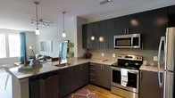 This contemporary single-floor residence showcases a thoughtfully designed open-concept layout that blends style and functionality. The kitchen is a standout feature, boasting dark charcoal flat-front cabinetry that extends floor to ceiling for ample storage. Granite countertops with subtle speckled detailing provide generous prep space, while a peninsula with an undermount sink and pendant lighting adds both practicality and visual appeal. Stainless steel appliances, including a range, built-in microwave, and dishwasher, complete the modern culinary setup. A tile backsplash ties the kitchen's aesthetic together with clean, contemporary lines. Warm hardwood-style flooring flows throughout, adding a welcoming contrast to the darker cabinetry. The kitchen opens seamlessly into the living area, which is bathed in natural light from large windows dressed with curtains in a soft teal hue. The living space accommodates comfortable seating and is accented with vibrant artwork, creating an inviting and cohesive atmosphere. Track lighting and pendant fixtures provide layered illumination throughout, enhancing the modern ambiance of this well-appointed single-level home.