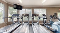 Located at 1500 Royal Gold Dr in Columbus, Ohio, this well-appointed fitness center offers a comprehensive workout environment on a single floor. The space is thoughtfully designed to accommodate a wide range of exercise routines, combining cardio and strength training areas within an open, accessible layout.

The cardio zone features multiple Life Fitness treadmills and an Echelon stationary bike, all positioned in front of large, white-shuttered windows that flood the room with natural light and provide pleasant views of the surrounding greenery. Wall-mounted flat-screen televisions enhance the cardio experience. Ceiling fans contribute to a comfortable atmosphere throughout.

The strength training area is generously equipped with a cable machine, Smith machine, weight benches, and a variety of free weights including kettlebells. Full-length mirrored walls line one side of the room, visually expanding the space and allowing users to monitor their form during workouts. The durable rubber flooring throughout provides both safety and functionality.

Additional amenities include a yoga mat station mounted on the wall, a wall clock, and ample open floor space for stretching or functional training. Crown molding and neutral warm-toned walls give the facility a polished, well-maintained appearance, making it a practical and inviting space for fitness enthusiasts.