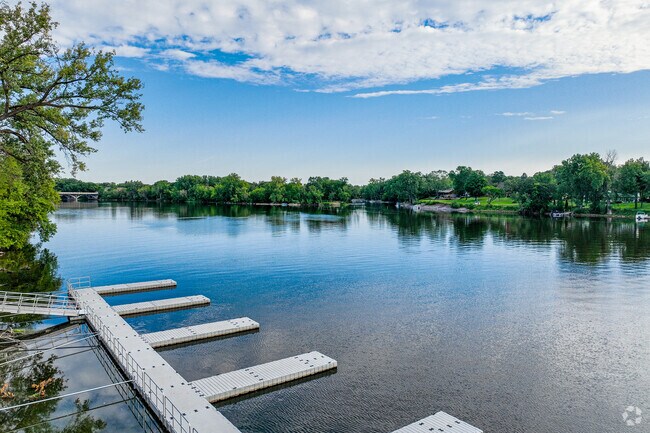 Boat slips line the shores of the Mississippi River for convenient boating access.