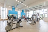 Located at 300 Regina St N in Waterloo, Ontario, this modern fitness facility offers a generous, open-plan single-floor layout designed to accommodate a full range of exercise activities. The space is defined by soaring ceilings that create an airy, energizing atmosphere, complemented by expansive floor-to-ceiling windows along the perimeter that flood the interior with abundant natural light and provide views of the surrounding greenery.

The facility is divided into distinct functional zones. The cardio area is well-equipped with treadmills, elliptical trainers, stationary bikes, and recumbent bikes, all arranged to maximize space and user comfort. A dedicated cycling studio features Stages spin bikes positioned in front of large mirrored wall panels framed by bold teal accent panels — a signature design element that adds vibrant visual identity throughout the space. The strength training zone includes free weights, barbells, weight benches, squat racks, and a full dumbbell rack, alongside a selection of cable and resistance machines.

The interior design is clean and contemporary, with crisp white walls, polished light-toned flooring, and linear LED lighting fixtures that run across the ceiling. Exposed ductwork adds an industrial character, while the teal and green accent walls introduce energy and color. Mirrored panels are strategically placed to enhance the sense of openness. An elevated mezzanine-level observation window is also visible, overlooking the main floor.