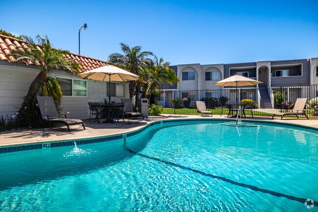 Sombrillas y sillas junto a la piscina - OakLeaf Apartments