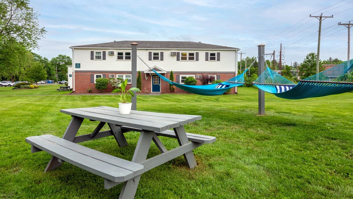 Tómese un descanso entre estudios para tomar sol y relajarse en nuestro jardín de hamacas en Aspen Chase. Este tranquilo oasis es el lugar perfecto para escapar del ajetreo de la vida en el campus. - Aspen Chase