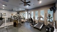 This fitness center is a dedicated, single-floor exercise space designed to support a comprehensive workout routine. The room is outfitted with a variety of equipment, including a treadmill, a rowing or recumbent cycling machine, and a multi-functional cable strength training unit, ensuring users have access to both cardio and resistance training options. A stability ball rounds out the functional fitness offerings. The space features a durable, dark rubberized flooring ideal for high-traffic exercise use. A large floor-to-ceiling mirror spans one wall, amplifying the sense of space and allowing users to monitor their form during workouts. The walls are finished in a neutral warm gray tone, contributing to a focused and motivating atmosphere. Recessed lighting is complemented by a ceiling fan, which aids in air circulation and climate comfort during intense exercise sessions. Multiple windows fitted with slatted blinds line the walls, inviting abundant natural light and offering views of the surrounding greenery outside. The overall design balances functionality with a clean, modern aesthetic, making it a practical and inviting environment for daily fitness.