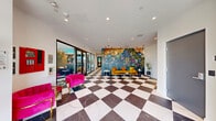 Located on Van Nuys Boulevard in Los Angeles, this single-floor amenity space spans a generous footprint and is designed with a bold, contemporary aesthetic that immediately commands attention. The entrance lobby sets the tone with striking black-and-white marble-effect checkered tile flooring that flows throughout the communal areas, creating a dramatic visual foundation. A large-scale botanical mural in rich blues and golds serves as a signature focal point, complemented by glass globe pendant lighting and a velvet mustard sofa beneath it. Recessed lighting throughout keeps the space bright and well-illuminated. The lounge area transitions seamlessly from the lobby, furnished with vibrant jewel-toned seating — including deep navy and magenta velvet sofas and chairs — arranged against a textured, floor-to-ceiling wood-paneled wall. Large windows allow natural light to filter in, offering views of the surrounding streetscape. A curated gallery wall featuring floral and portrait artwork adds an artistic dimension to the corridors. The fitness center occupies a substantial portion of the floor plan and is outfitted with a comprehensive array of cardio machines, strength equipment, and free weights. Signature teal LED cove lighting runs along the ceiling perimeter, while full-length mirrors and large-format display screens enhance the workout environment. The overall ambiance across all areas is energetic, polished, and design-forward.