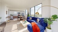 This contemporary 2-bedroom, 2-bathroom residence in Miami, FL offers a thoughtfully designed single-floor layout with modern finishes and an abundance of natural light. The open-concept living and dining area is anchored by dramatic floor-to-ceiling windows that frame sweeping city and skyline views, flooding the space with sunlight and creating a bright, airy ambiance. Light wood flooring flows throughout, complementing the clean, minimal aesthetic. The kitchen features sleek cabinetry with a two-tone design, stainless steel appliances, and seamless connectivity to the living and dining areas. A private balcony accessible from the living room extends the space outdoors, perfect for enjoying Miami's warm climate. The primary bedroom is generously proportioned, benefiting from large corner windows with panoramic views and light wood floors. The second bedroom also enjoys natural light through a sizable window and includes a built-in closet. Both bathrooms are elegantly finished — one features a glass-enclosed walk-in shower with large-format stone-look tile, while the second offers a full soaking tub with a sliding glass enclosure and warm wood vanity cabinetry. Hallways connect the spaces efficiently, completing this well-balanced and stylish Miami residence.