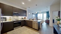 This thoughtfully designed one-bedroom, one-bathroom residence offers a cohesive open-concept layout across a single floor. The kitchen serves as a central highlight, featuring rich dark cabinetry, a classic white subway tile backsplash, granite countertops, stainless steel appliances, and elegant pendant lighting. A peninsula with additional counter space connects the kitchen seamlessly to the living area, making it ideal for both cooking and entertaining.

The living room is bright and inviting, benefiting from large windows and a glass door that opens to an outdoor balcony, flooding the space with natural light and outdoor views. Wood-style flooring runs throughout the main living areas, adding warmth and continuity.

The bedroom is a comfortable retreat, finished with soft carpet, a soothing color palette, and ample room for furnishings. A dedicated closet provides practical storage. The bathroom is well-appointed with dark vanity cabinetry, granite countertops, a large mirror, and a full soaking tub with tiled surround. The layout of the bathroom provides convenient access directly from the bedroom area, enhancing the functional flow of the residence overall.
