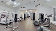 This single-floor fitness center is thoughtfully designed to support a full range of workout activities in a bright, open environment. The space is defined by soaring vaulted ceilings that create an airy, expansive atmosphere, complemented by multiple ceiling fans and skylights that enhance ventilation and natural light throughout.

The strength training area is comprehensively equipped with a cable pulley machine, free weights and dumbbells, adjustable benches, and dedicated resistance machines. Full-length mirrors line portions of the walls, allowing users to monitor their form and visually expanding the space. The cardio section features multiple elliptical trainers, a treadmill, and a recumbent bike, providing diverse options for aerobic exercise. A wall-mounted television is positioned for convenient viewing during workouts.

Additional amenities include a built-in water fountain station for easy hydration, a small storage cabinet, and a dedicated tiled entry area near the French door entrance. The arched entryway and white-painted brick accents near the entrance add a subtle architectural character to the space. Abundant windows with slatted blinds allow natural light to filter in while maintaining privacy. The durable rubber flooring throughout ensures safety and comfort, making this fitness center a practical and well-appointed space for exercise.