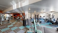 This single-floor fitness center is thoughtfully organized into distinct workout zones, providing a comprehensive exercise environment. The space is characterized by its eye-catching teal and gray modular carpet tiles, which visually define different areas while adding a modern aesthetic. Bold orange accent walls energize the strength training section, contrasting with the neutral white and gray tones found throughout the rest of the facility.

The cardio zone is well-appointed with a row of Star Trac treadmills and multiple elliptical machines, positioned near windows that invite natural light and outdoor views. A ceiling fan overhead ensures comfortable airflow during intense sessions. Adjacent to this area, a dedicated free weights section features an extensive dumbbell rack, kettlebells, medicine balls, and a wall of mirrors that amplifies the sense of space and assists with form.

The strength and functional training area is equipped with cable machines, selectorized weight machines, a heavy tire, battle ropes, and a sled, catering to a wide range of training styles. Recessed lighting and ceiling-mounted fans maintain a bright, well-ventilated atmosphere. The facility also includes convenient access points, sanitation stations, and ample open floor space for stretching or functional movements.