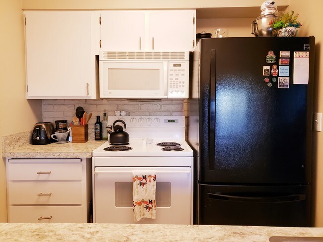 Kitchen with range, microwave, and fridge - 47 Eagle Crest Dr