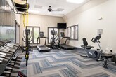 This fitness room offers a generously sized, single-floor space designed to support a full range of workout routines. The room is finished with distinctive patterned carpet tiles in a blue and gray herringbone layout, lending the space a modern, polished aesthetic throughout.

The strength training area is anchored by a multi-station cable machine, accompanied by a dumbbell rack, a dedicated weight bench, and a collection of kettlebells in varying sizes. A TRX suspension training system is mounted to the wall alongside a pegboard panel, providing functional training options. Stability balls round out the free-weight section.

The cardio zone is bright and airy, lined with multiple windows dressed with slatted blinds that invite natural light. It features treadmills, elliptical trainers, and an upright stationary bike, with a wall-mounted flat-screen television positioned for easy viewing during workouts. A ceiling fan overhead ensures comfortable air circulation.

The room benefits from a drop ceiling with recessed panel lighting that evenly illuminates the space. Glass-paneled doors connect the fitness room to adjacent areas, enhancing the sense of openness. The clean white walls and neutral trim create a crisp, motivating environment well-suited for daily exercise.