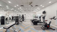 Located at 1623 Parkridge Cir in Crofton, Maryland, this single-floor fitness center is a well-appointed community gym designed to support a comprehensive workout experience. The space is generously sized, offering ample room for both cardio and strength training activities without feeling crowded.

The cardio section features a row of Life Fitness treadmills and elliptical machines, each equipped with individual display consoles and positioned alongside large windows that invite natural light and views of the surrounding greenery. Multiple wall-mounted flat-screen televisions are positioned throughout for entertainment during workouts.

The strength training area is outfitted with a full selection of Life Fitness selectorized machines, a cable crossover station, adjustable benches, and a well-stocked dumbbell rack spanning a wide range of weights. Large floor-to-ceiling mirrors line one wall, enhancing the sense of space and allowing users to monitor their form.

A standout design element is the bold athletic mural painted directly on the white walls, adding an energetic, motivational aesthetic to the space. The flooring features a striking herringbone-patterned carpet in neutral tones with blue accents, lending a modern, polished look. Ceiling fans and recessed lighting ensure the space remains well-lit and comfortable. French glass doors connect to an adjacent area, adding architectural charm to the functional environment.