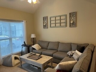 Living Room with high ceilings and fan - 107 Grey Oak Ct
