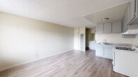Located at 700 S. Lake St. in Burbank, California, this single-floor studio unit offers a practical and efficient layout designed to maximize every square foot. The open living area is finished with light wood-style luxury vinyl plank flooring that runs throughout the space, lending a clean and cohesive aesthetic. Neutral, warm-toned walls and a textured ceiling contribute to a bright and airy atmosphere, while a wall-mounted air conditioning unit and a vertical wall heater ensure year-round comfort. A window fitted with vertical blinds allows natural light to fill the living area.

The kitchen is well-appointed for its scale, featuring gray-toned cabinetry that extends to the upper walls for generous storage, a double-basin sink set into a marble-patterned countertop, and a white gas range with overhead ventilation. The L-shaped kitchen layout offers an efficient workflow and flows seamlessly into the main living space. A separate vanity area with a large mirror and additional cabinetry provides dedicated grooming space. The unit's straightforward, open-plan design makes it a highly functional living space in the heart of Burbank.