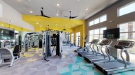 This spacious fitness center is designed to energize and motivate, combining functional layout with striking visual design. The most immediately noticeable feature is the bold yellow accent walls, which contrast against neutral white and taupe tones to create a dynamic, high-energy atmosphere throughout the space.

The soaring ceilings contribute to an open, airy feel, further enhanced by multiple large windows along the exterior walls that flood the interior with natural light and offer views of the surrounding outdoor landscape. Several ceiling fans are suspended overhead, ensuring consistent air circulation during workouts.

The floor is covered in a geometric patterned carpet tile in shades of grey, teal, and yellow, adding a modern, stylish element that complements the overall color palette. Full-length mirrors line key sections of the walls, visually expanding the space and allowing users to monitor their form.

Equipment is thoughtfully arranged throughout, including a row of treadmills and ellipticals positioned near the windows, a multi-station cable machine, weight benches, a dumbbell rack, medicine balls, and cycling bikes. A wall-mounted flat-screen television is centrally positioned for entertainment. The fitness center also includes dedicated private rooms accessible via interior doors, ideal for stretching or focused training sessions.