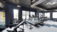 This single-floor fitness center showcases a sleek, industrial-inspired design with deep navy-blue walls that create a focused, energetic atmosphere. The exposed ceiling reveals ductwork and structural elements finished in dark tones, complemented by industrial-style pendant lighting that adds character to the space while ensuring adequate illumination throughout.

Large windows along one wall flood the interior with natural light and provide views of the surrounding outdoor landscape, creating an open, airy feel despite the workout-focused environment. The flooring transitions between light concrete and rubberized gym matting, providing both durability and safety in exercise zones.

The cardio section is well-appointed with a row of modern treadmills and additional cardio equipment, all featuring digital displays and positioned to take advantage of the natural light from the windows. The free weight area includes a fully stocked dumbbell rack with an adjustable workout bench, offering a comprehensive range of weights for strength training. The overall layout is thoughtfully organized, maximizing usable floor space while maintaining clear pathways between equipment zones.