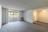Located at 10320 Warner Ave in Fountain Valley, California, this two-bedroom, two-bathroom residence offers a functional and well-organized single-floor layout. The living room features neutral carpet, a textured ceiling, and a wall-mounted HVAC unit, opening directly onto a private balcony through sliding glass doors that let in natural light and provide pleasant outdoor views of the surrounding greenery. The living area flows into the dining space, which connects to a galley-style kitchen equipped with white cabinetry, dark countertops, a stainless steel sink, an electric range, and wood-look flooring beneath a skylight that brightens the room. Both bedrooms are carpeted and feature closets — one with sliding doors and a window fitted with vertical blinds allowing natural light. The primary bedroom is generously sized with its own access to a bathroom that includes a vanity with storage cabinetry and a mirror. The second bathroom offers a full tub-shower combination with wood-look flooring. A dedicated entrance and two closets throughout the unit provide practical storage solutions. The overall ambiance is clean, bright, and neutral, making it a versatile and move-in ready space.