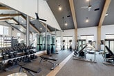 This modern fitness center offers a spacious, single-floor layout designed to accommodate a full range of workout needs. The space is immediately distinguished by its dramatic vaulted ceilings adorned with exposed wood beams and a dark ceiling treatment, creating a striking architectural contrast against the bright white walls. Ceiling fans are strategically placed throughout to maintain airflow during workouts.

The main workout area is lined with large floor-to-ceiling mirrors framed in sleek borders, visually expanding the space while allowing users to monitor their form. Flooring features a combination of durable carpet tile and hardwood-toned strips, delineating workout zones effectively.

The cardio section is equipped with multiple treadmills, stair climbers, and stationary bikes, positioned alongside large roller-shade windows that offer views of the surrounding outdoor landscape, filling the space with ample natural light. The strength training zone houses cable machines, a multi-functional rack system, selectorized machines, free weights, and stability equipment including medicine balls and balance tools.

A glass panel garage-style door on one wall floods a dedicated functional training area with daylight and outdoor views, adding an open, airy feel. The fitness center is accessed through a dedicated entrance with keypad access, ensuring security and privacy for users.