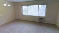 This single-floor space features a generously sized main room finished with neutral-toned carpeting and cream-colored walls, creating a clean and understated aesthetic. A large, multi-pane window dominates one wall, fitted with horizontal blinds that allow for adjustable natural light while offering views of surrounding greenery outdoors. The window serves as a key architectural feature, drawing in ample daylight and contributing to an open, airy atmosphere. A wall-mounted HVAC unit positioned beneath the window provides convenient in-unit climate control. The room's simple layout and uncluttered design offer flexibility for a variety of furniture arrangements. Baseboards run along the perimeter, adding a clean finishing detail to the space. The overall ambiance is functional and neutral, well-suited for customization to a resident's preferences.