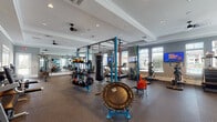 This single-floor amenity facility is thoughtfully designed to offer a diverse range of recreational and functional spaces. A wide, elegantly finished hallway with warm stone-look tile flooring and a distinctive wood-planked ceiling connects the various areas, establishing a polished and cohesive aesthetic throughout.

The expansive fitness center is the centerpiece of the facility, featuring rubber flooring, tray ceilings with recessed lighting, and abundant natural light streaming through multiple large windows. It is outfitted with a multi-station functional training rig, a punching bag, a mini trampoline, a plyo box, a full dumbbell rack, and a row of treadmills and cardio machines, all complemented by wall-mounted televisions. Full-length mirrors enhance the sense of space. A dedicated spin studio adjoins the main gym, housing several stationary cycling bikes, stability balls, resistance accessories, and its own mounted display screen beneath an illuminated tray ceiling.

A game room offers a lively social atmosphere with hardwood-style flooring, a bold patterned area rug, a shuffleboard table, electronic dart machines, high-top seating, wall-mounted televisions, and a dark wood accent wall. A private conference room provides a quieter setting, featuring a sleek meeting table, leather chairs, and a sophisticated built-in shelving unit with a tile backsplash and dark cabinetry.