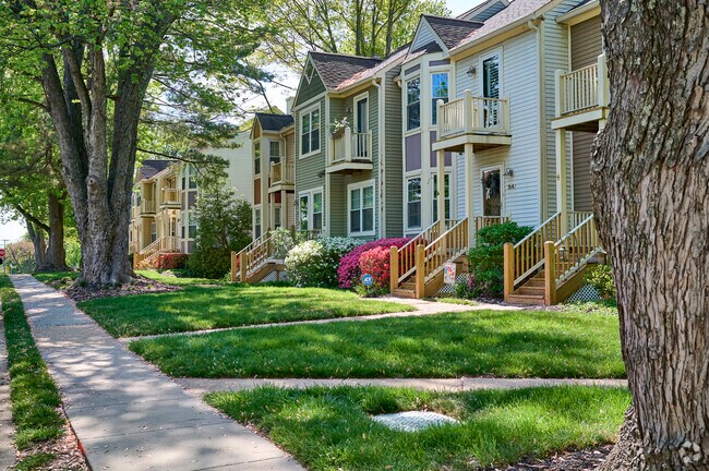 Modern townhomes line a beautifully landscaped street in Vienna.