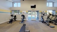 This fitness center offers a comprehensive workout environment thoughtfully arranged across a single open floor. The space is defined by soaring ceilings and a bright, airy atmosphere, enhanced by abundant natural light streaming through multiple windows and a set of glass doors that open directly to an outdoor pool area, providing motivating views while exercising.

The interior walls are accented with cheerful horizontal stripes in yellow and teal, lending a lively and energetic character to the space. Durable carpet tile flooring covers the entire area, providing both comfort and traction during workouts.

The cardio zone features treadmills, upright and recumbent stationary bikes, and an elliptical machine, all positioned to take advantage of the natural light and outdoor views. A wall-mounted flat-screen television provides entertainment during cardio sessions. Ceiling fans and a wall-mounted HVAC unit ensure comfortable climate control throughout.

The strength and functional training area is well-stocked with a full rack of dumbbells in graduated weights, an adjustable workout bench, and a dedicated rack holding stability balls, resistance bands, medicine balls, and other functional fitness accessories. Spin bikes and additional cardio equipment round out the offerings. Fitness center rules are posted near the entrance, and the space is monitored by a ceiling-mounted security camera.