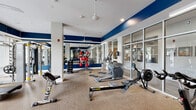 Located at 305 Axis Dr in Louisville, Kentucky, this well-appointed fitness center offers a comprehensive workout environment designed to accommodate a wide range of exercise routines. The single-floor space features a bold, energetic aesthetic with striking navy blue accent bands contrasting against crisp white walls and ceilings, creating a motivating atmosphere throughout.

The facility is organized to maximize usability and flow. The cardio zone is equipped with elliptical machines, a rowing machine (RowERG), stationary spin bikes, and a treadmill, all positioned to provide ample space between equipment. The strength training area includes a multi-station cable machine, a dedicated dumbbell rack with a full range of free weights, weight plates, and an interactive boxing/reaction trainer with red targets. Adjustable benches are available throughout for varied exercises.

A dedicated functional training corner houses stability balls, medicine balls, resistance tools, and exercise mats, supporting stretching and flexibility routines. Full-length mirrors along one wall visually expand the space and assist with form. Large floor-to-ceiling grid-pane windows along one side of the room invite abundant natural light while offering views to the exterior. Ceiling fans ensure comfortable air circulation, and durable rubber flooring provides safety and support throughout the facility.