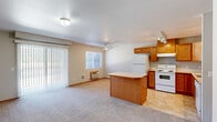 Located at 809 Mathew Loop in Smelterville, Idaho, this single-floor, one-bedroom residence offers a practical and well-organized layout. The open-concept living and kitchen area forms the heart of the home, where soft carpeting flows through the living space and transitions to tile flooring in the kitchen. A ceiling fan with a light fixture centers the living room, which is brightened by a large sliding glass door dressed with vertical blinds, allowing natural light to fill the space. A wall-mounted HVAC unit provides added climate control comfort.

The kitchen is thoughtfully equipped with warm honey-toned wood cabinetry offering generous upper and lower storage, a central island with a light countertop ideal for meal prep or casual dining, and white appliances including a refrigerator, electric range, dishwasher, and sink. Track lighting illuminates the kitchen workspace effectively.

The bedroom is a calm, carpeted retreat featuring neutral-toned walls, a window with horizontal blinds that invite natural light, and a baseboard heater. A standout feature is the dual sliding-door closets, providing ample and organized storage space. The overall ambiance of this residence is clean, functional, and move-in ready.