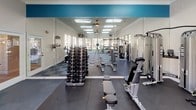This fitness center is a thoughtfully designed, single-floor facility that offers a comprehensive workout environment for users of all fitness levels. The space is organized into distinct functional zones, each tailored to a specific type of training. A teal accent wall crowns a full floor-to-ceiling mirror installation along one side, visually expanding the room and providing form-checking capability during strength sessions. A full dumbbell rack, adjustable benches, and a cable machine anchor the free weights area, while rubber matting underfoot provides durable, safe footing.

The cardio zone is positioned near a generous bank of large, multi-pane windows that overlook lush outdoor greenery, including views toward a pool area. This section houses elliptical machines, treadmills, and a stationary cycle, all bathed in natural light. A wall-mounted television and ceiling fan add comfort and entertainment to the cardio experience.

The functional training area includes a multi-station rig equipped with TRX suspension straps, battle ropes, kettlebells, and resistance accessories. A selectorized strength machine and weight sled complete the strength offerings. Checkered modular flooring in neutral tones ties the space together, while crown molding and ceiling fans lend a polished, well-maintained aesthetic throughout.
