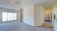 This single-floor space presents a clean, neutral aesthetic throughout, designed to offer both comfort and functionality. The main living area is finished with plush wall-to-wall carpeting in a soft gray tone, creating a warm and inviting atmosphere underfoot. Walls are painted in a light cream hue, lending the space a bright and airy feel that is further enhanced by a large window that allows generous natural light to fill the room. Crown molding trims the upper edges of the walls, adding a subtle touch of architectural detail and refinement. A ceiling fan is centrally positioned overhead, contributing to both comfort and airflow. An angled partial wall creates a natural visual division within the open layout, offering a sense of defined zones while maintaining an open and connected flow. The textured ceiling adds a classic finishing touch consistent throughout the space. Electrical outlets are conveniently distributed along the baseboards, and the layout allows for flexible furniture arrangement. A hallway visible toward the rear of the space suggests additional rooms beyond, completing a well-organized and practical single-floor plan ready for personalization.